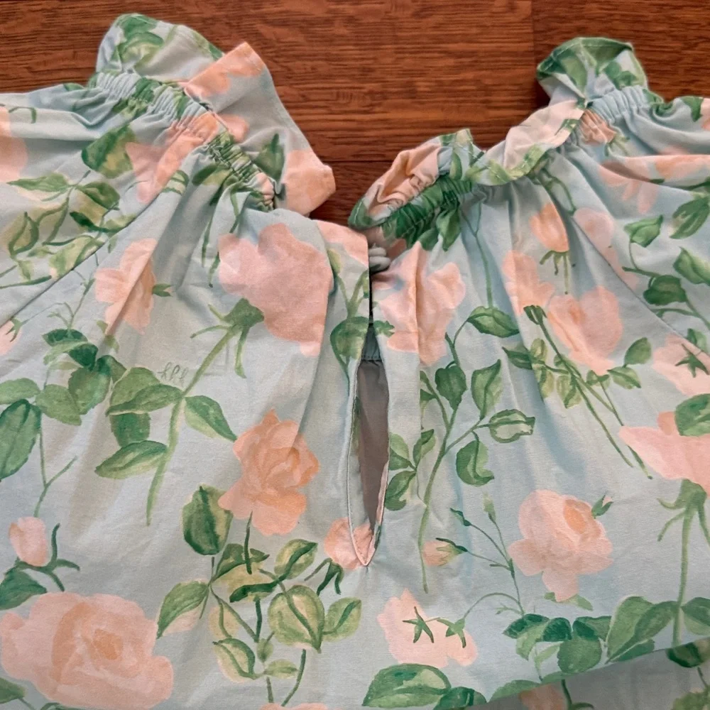 Floral Ruffle-Neck Hill House Short Sleeve Top